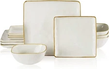 Famiware Dinnerware Set for 4 Ocean Square 12-Piece Kitchen Plates and Bowls Set