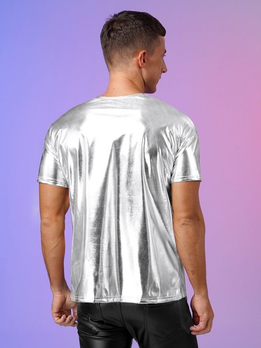 Herren Shiny Metallic Kurzarm T-Shirts Glossy Rundhals Nachtclub Tops - Bild 25 von 52