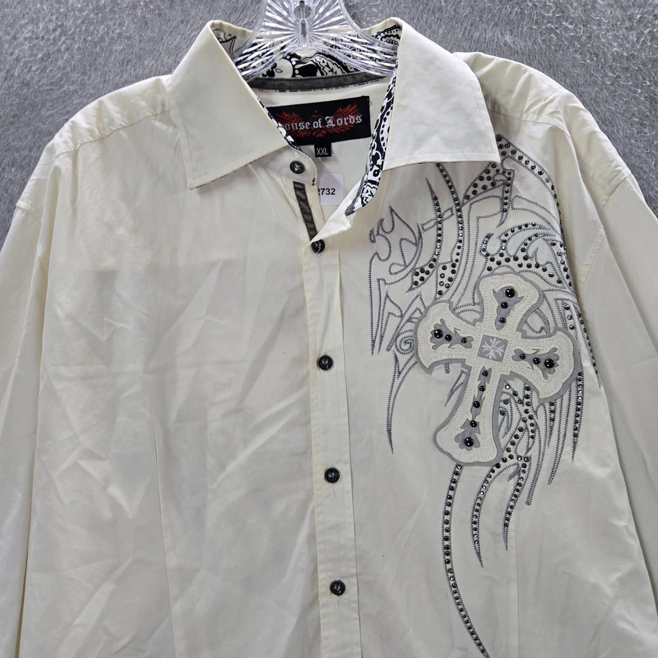 House Of Lords Men Button Up Shirt 2XL White Y2K Grunge Cross Wings Rhinestones - Image 4 of 4