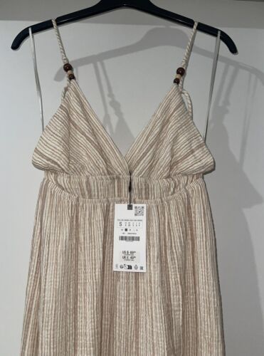 ZARA BEIGE METALLIC THREAD STRIPED MIDI COTTON BLEND DRESS WITH BEADS SIZE S NEW - Picture 4 of 8