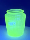 Vintage Uranium Glass Anchor Hocking Pillar Optic Green Pretzel Jar No Lid Glows
