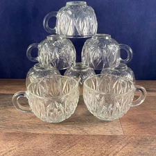Vintage Pressed Glass Punch Cups Starburst Pattern w Handles Lot of 8