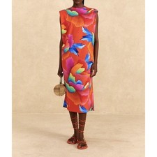 Farm Rio Floral Chita Midi T-Shirt Sleeveless Dress XS Multicolor Pink Orange