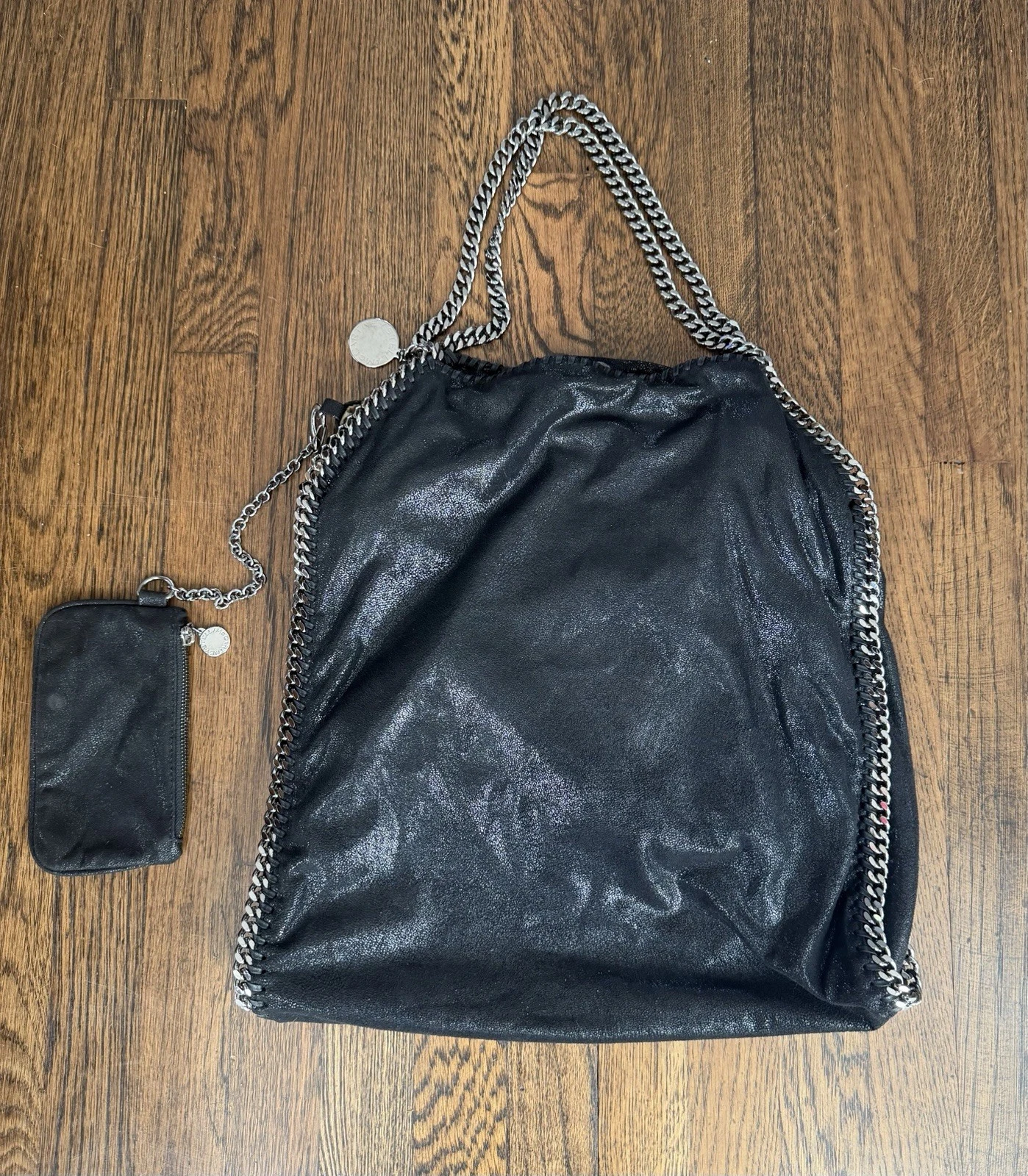 Stella McCartney — Stella McCartney Falabella Shoulder Tote Bag Black Shimmer with Gunmetal Chain
