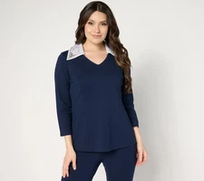 Susan Graver Occasions Smart Ponte 350 Top w/Beaded Collar-Navy-Large-A673958