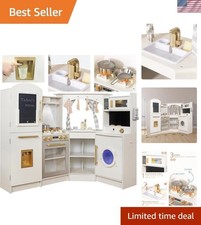 Large Wooden Corner Play Kitchen Sets with Ice Maker,Water Dispenser,Bread Ma...