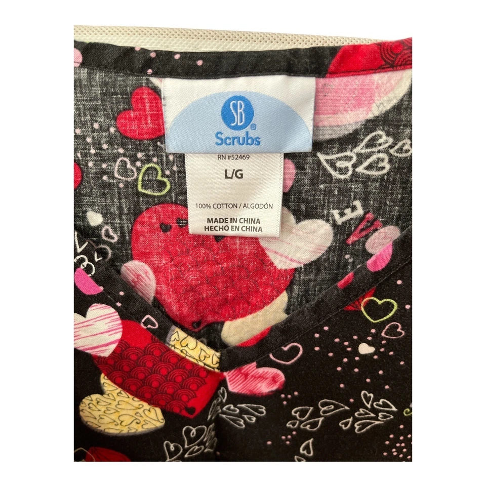 SB Scrubs Women’s Size L Lot of 2 V-Neck Tops – Red Ladybugs & Black Hearts - Image 2 of 4