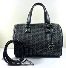MICHAEL KORS Grayson Medium Metallic Empire Black Silver Signature Logo Satchel