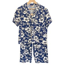 Hilo Hattie Hawaiian Set Womens XL/M Blue Floral Two-Piece Shirt Pants