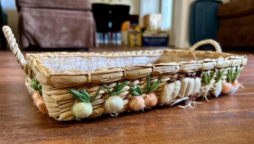 Handwoven Decorative Rectangular Basket Tray with Vegetable Embellishments