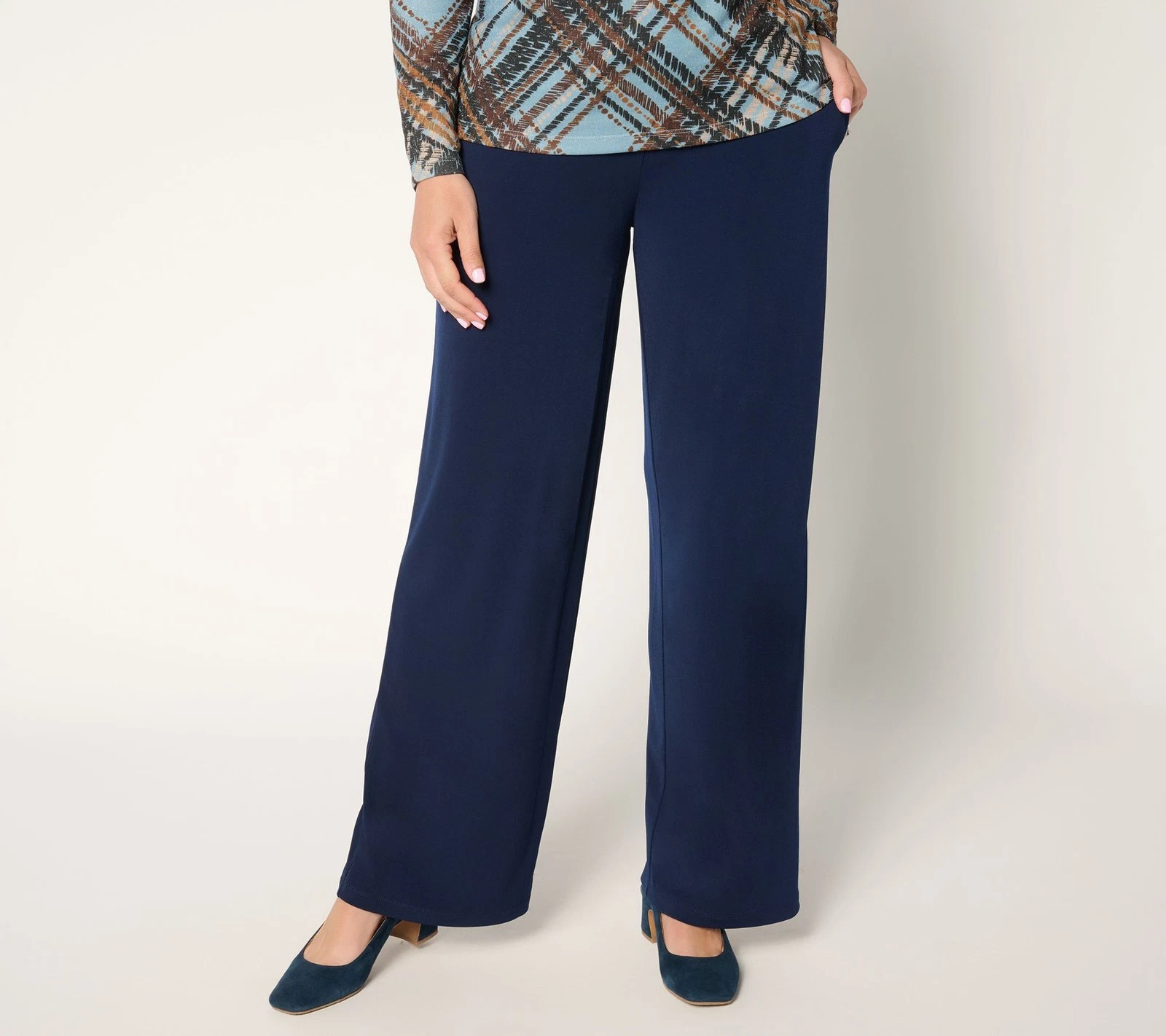 Susan Graver Women's Pants Sz M Liquid Knit Wide-Leg w Button Detail Blue