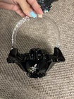 Fenton Basket Black Art Glass Hand Painted Accent Twist Handle Ruffle Edge