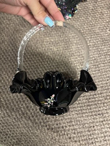 Fenton Basket Black Art Glass Hand Painted Accent Twist Handle Ruffle Edge