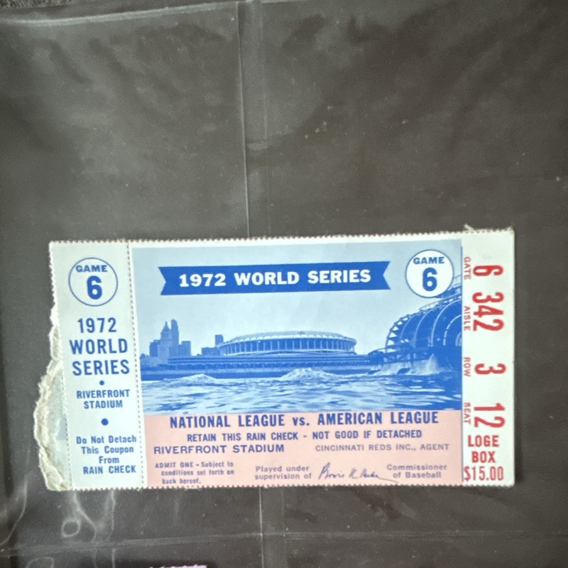 Cincinnati Reds 1972 World Series Game 6 Ticket Stub Riverfront Stadium Loge Box