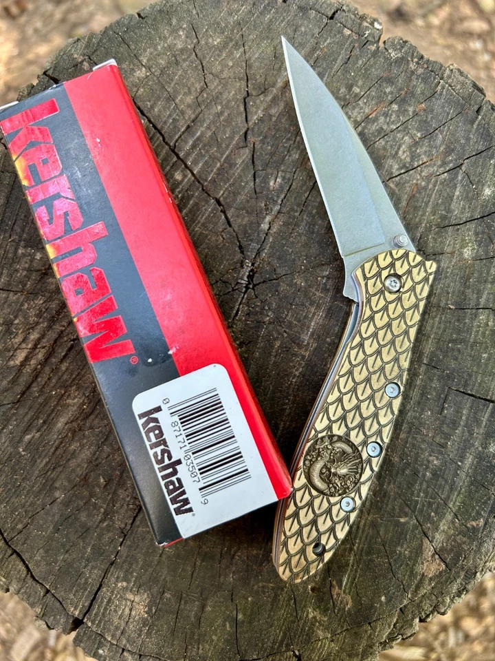 Cuchillo de puerro Kershaw personalizado | Escalas de piel de dragón de latón grabado | Hecho en EE. UU. Foto 3 de 4
