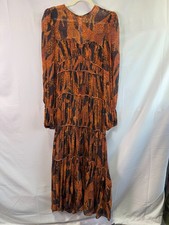 FARM Rio Brown Giraffes Puff Sleeve Maxi Dress Size S with Fabric Pull