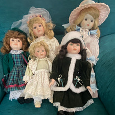 Lot of 5 Porcelain Girl Dolls Light Complexion Blue Eyes Blonde Curly Hair