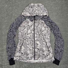 Lululemon Windbreaker Jacket Womens 4 White Hooded Full Zip Print Running Gym