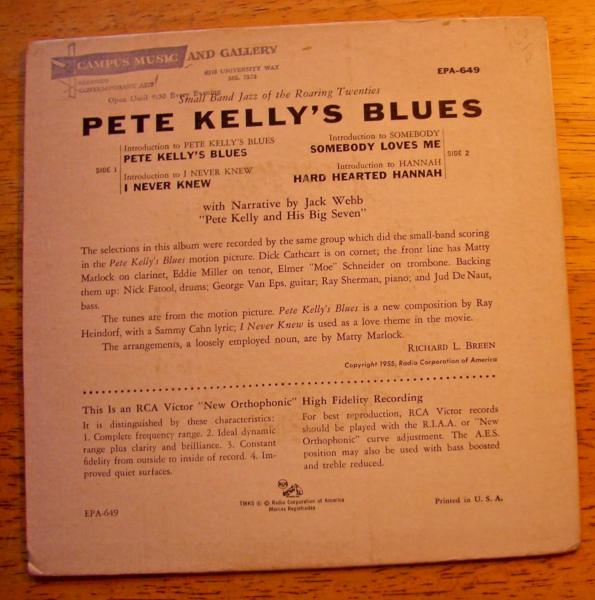 PETE KELLY'S BLUES~NARRATED BY JACK WEBB 1955-45 RPM EP ~  RECORD NM  COVER NM