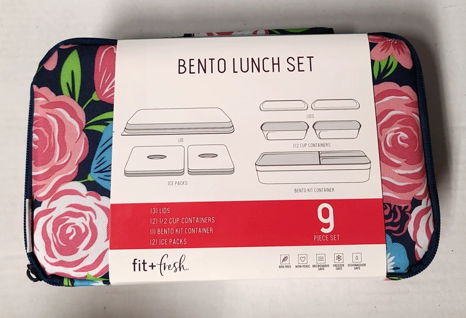 Fit & Fresh Bento Lunch Set 9 Pc Floral w 2 Ice Packs Insulated Zip Bag NEW - Image 2 of 4