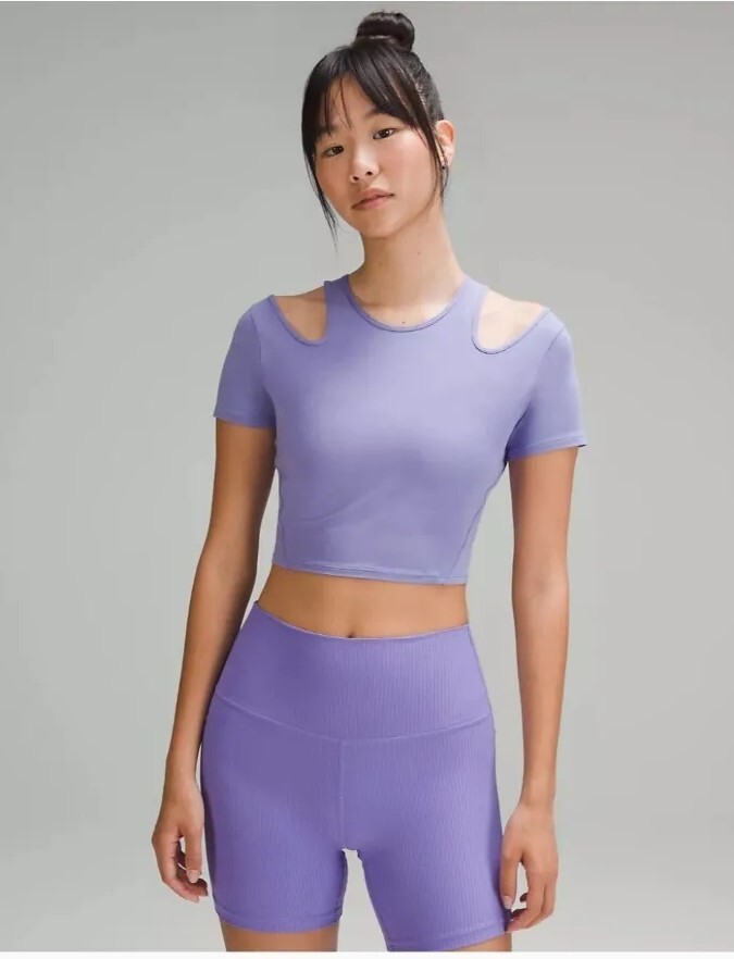 Lululemon パープル ワンショルダー ヨガウェア Lululemon Shoulder Cut-Out Yoga T-Shirt Size 6 Purple Dark