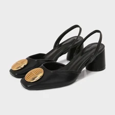 Women's Summer New Sheepskin Block Heels Square Toe Metal Decor Sandals