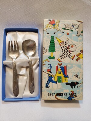 Vtg 1847 Rogers Bros Oneida Tudor Plate Baby Silverware Set Fork Spoon Org  Box