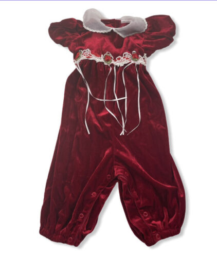 Rare Editions Red Velour Velvet Baby Vintage One Piece Sz 24M Holiday Rose Lace - Afbeelding 1 van 11