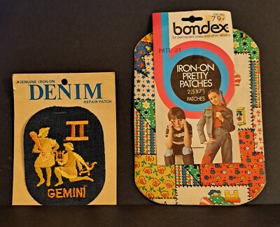 Vintage 1970 Iron On Patch Lot embroidered GEMINI on denim/BONDEX Pretty Patches