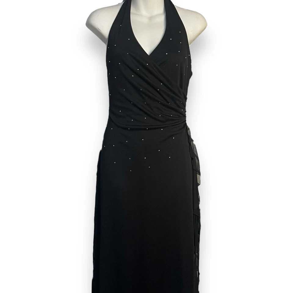 B. Maxi Vestido Halter Inteligente Para Mujer 9/10 Negro Ilusión Baile de graduación Formal Estrás Foto 4 de 4