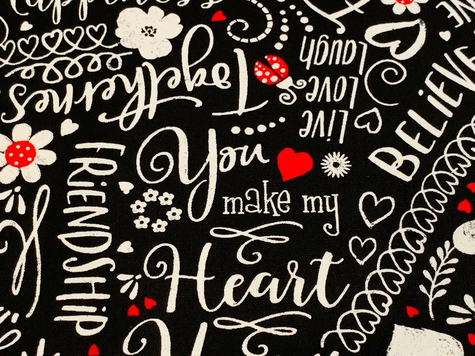 Tela Palabras Aliento Feliz Negro Tesoros atemporales Algodón 1/4 yarda C7741 Foto 2 de 4