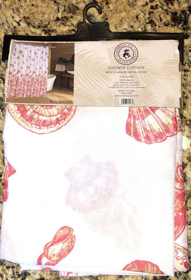New Caribbean Joe SEA SHORE Shower Curtain Coral Tan & White with Beaded Hooks - Image 4 of 4