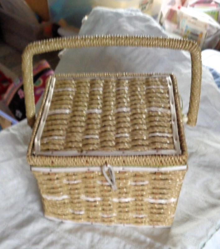 Vintage Rattan Sewing Box with Green satin lining and Handle 1970 Pre-owned