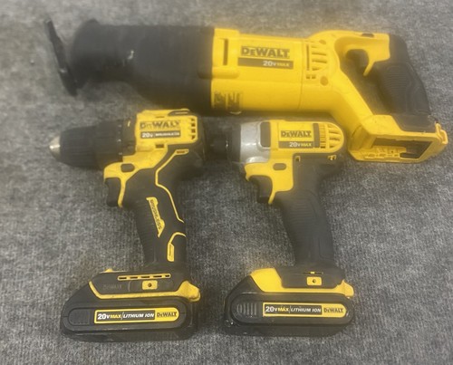 3 Pc DEWALT DCF885, DCD708 & MORE (IMPACT, DRILL, RECIP SAW, 2 BATTERIES)