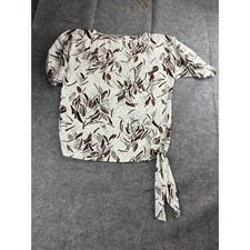 Shapely Vintage Side Tie Blouse Brown White Abstract Floral Print Short Sleeve P