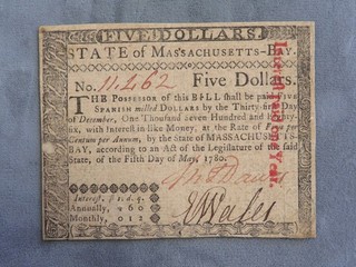 1780 State of Massachusetts Bay $5 Continental Currency Note inv# 284
