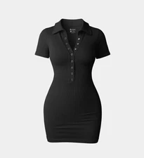 OQQ Women's Collar Solid Buttons Down Mini  Dress Womenswear Casual Size M