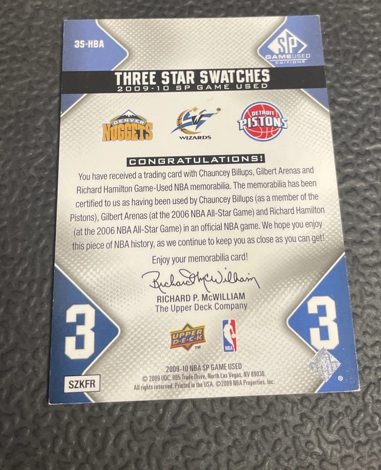 2009-10 SP Game Used 3 Star Swatches- Billups, Arenas, Hamilton- /125 SP - Image 2 of 2