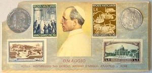 Vintage 1950 Vatican City Souvenir Card w/2 SilverCoins, 4 Stamps 2.5, 5, 6, 10L