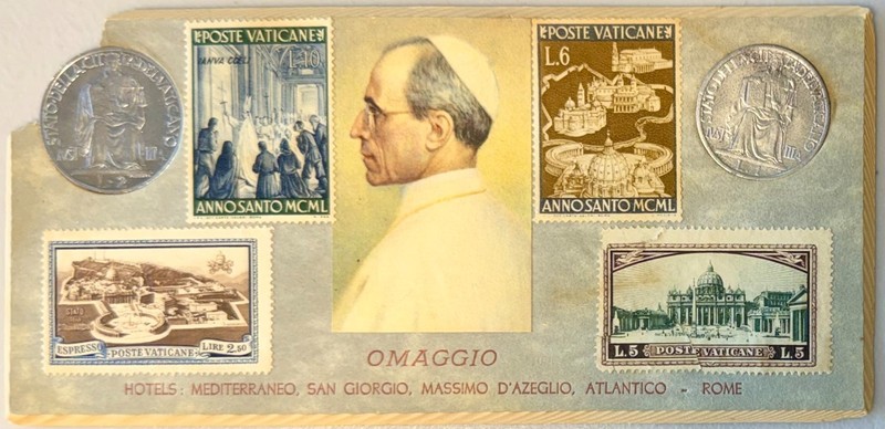 Vintage 1950 Vatican City Souvenir Card w/2 SilverCoins, 4 Stamps 2.5, 5, 6, 10L