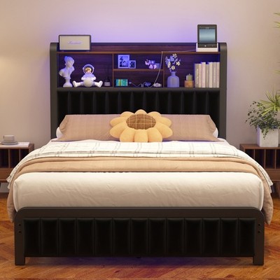 Full/Queen Size Bed Frame with Storage Headboard, LED Lights, Charging Station