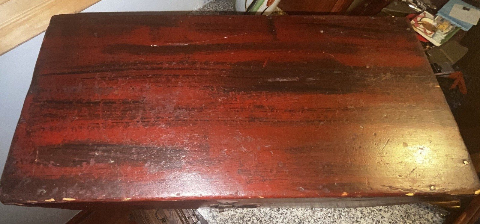 ANTIQUE DOCUMENT BOX OLD Grain Red PAINT Small Travel Trunk Dovetailed Corners