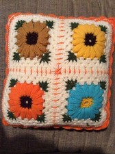 Vintage Handmade Crochet Decorative Pillow Four Flowers Each Side Orange Trim