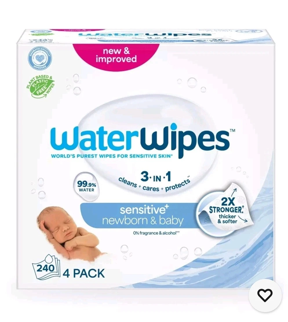 Water Wipes Sensitive Newborn & baby Wipes. 99.9% Water Unscented. 240 Count