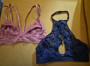 LOT 2 Victorias Secret Sexy Lace Bralette Strappy Halter Navy Keyhole Medium