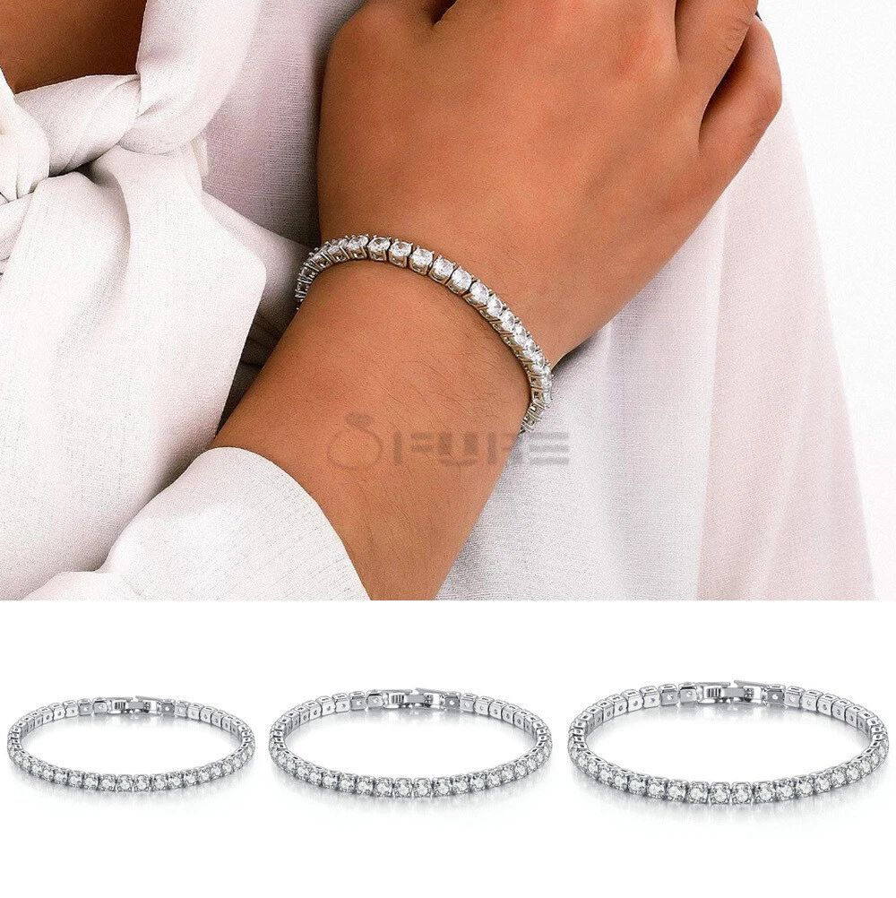 Silver Tennis Bracelet 4MM Diamond CZ Iced Out Chain Stainless Steel Jewellery