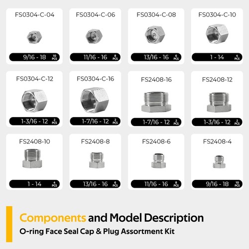 64-Pcs, ORFS Cap and Plug Assortment Kit, Hydraulic Hose Tube and Pipe Fittings - Picture 3 of 9