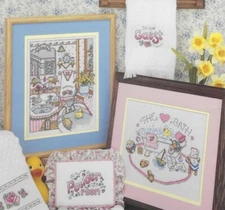 FOR THE BATH--5 Designs--Bathtub--Sink--Mirror-Duck-Counted Cross Stitch Pattern