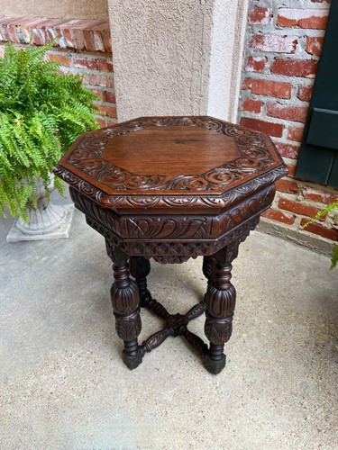 PETITE Antique French Octagon Center Side TABLE Side End Renaissance Carved Oak - Picture 17 of 20