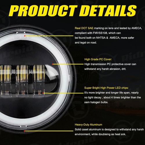 7" INCH LED Projector RGB Headlight+4.5"Passing Lights Halo For Harley Touring - Picture 20 of 24
